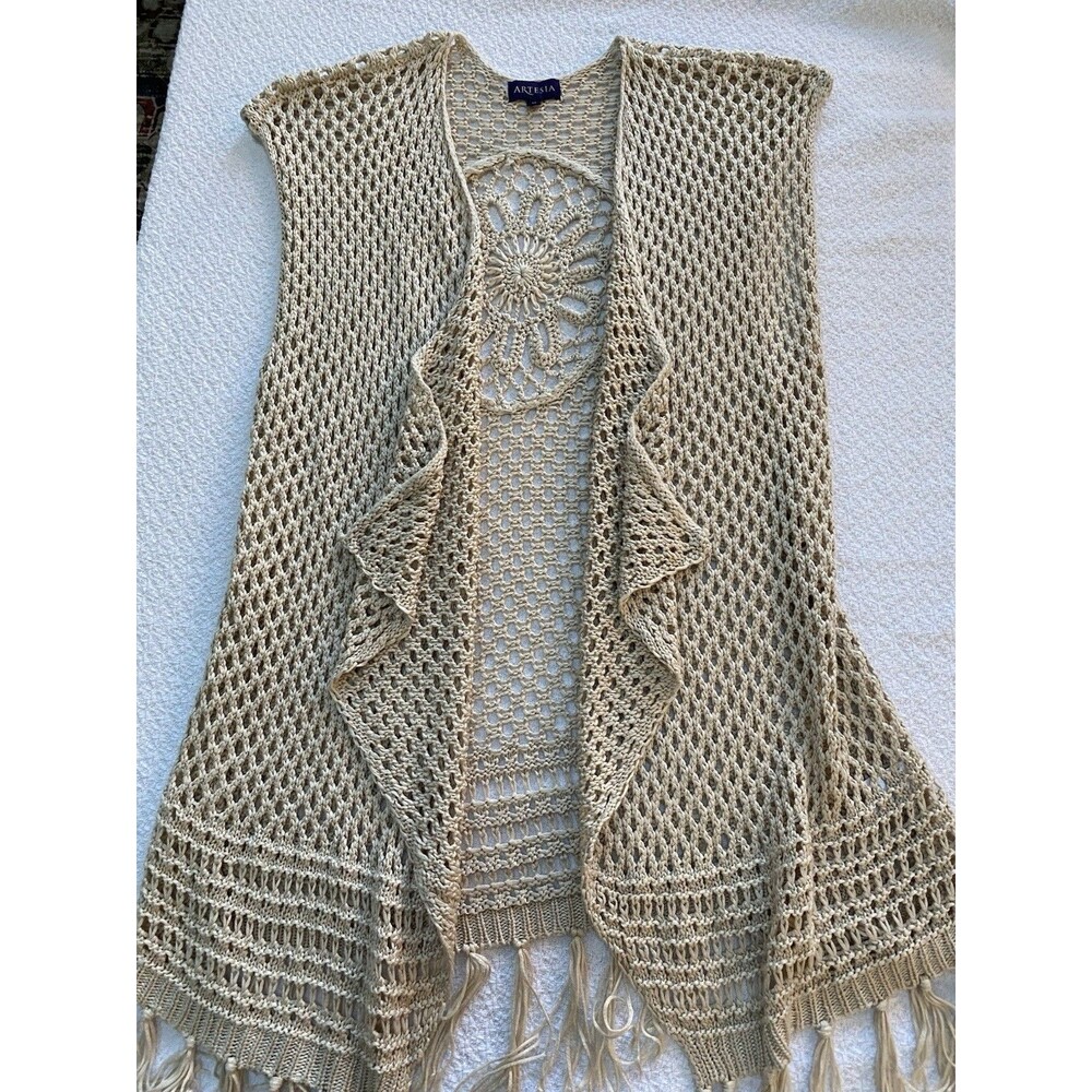 Artesia Crochet Knit Vest Medallion Back Fringe Trim Natural Beige Boho Medium